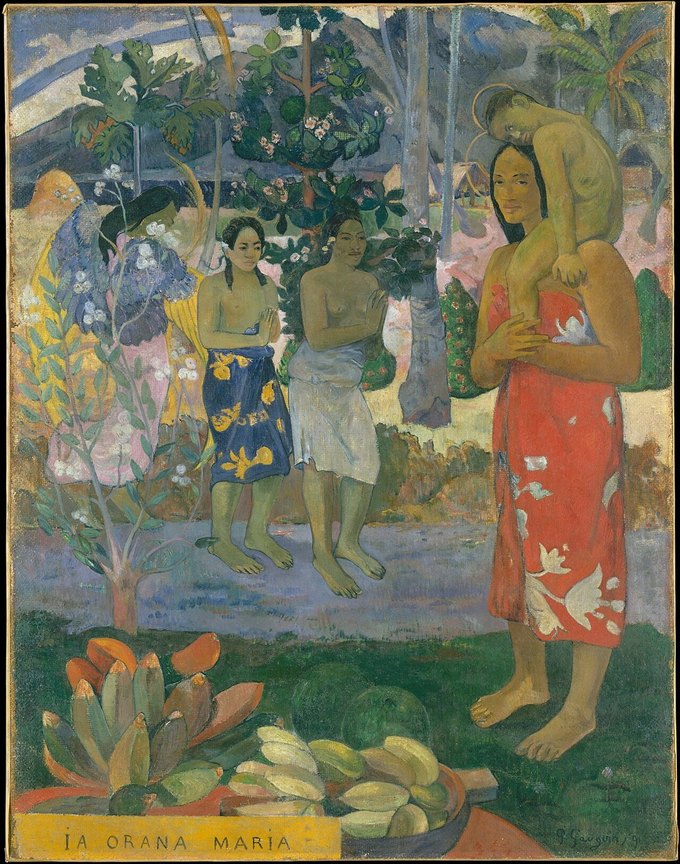 保罗·高更《Ia Orana Maria（圣母颂）》，1891 年，纽约大都会艺术博物馆藏。塔希提妇女怀抱孩子，身边是热带花果。基督教题材被移植进南太平洋的「原始」风景，是「浪漫的原始主义」的代表作。