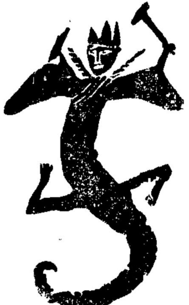 重庆沙坪坝石棺前额画像摹本，人首蛇身、头戴冠、双手上举（仿常任侠《沙坪坝出土之石棺画像研究》插图，《时事新报》渝版《学灯》第四十一期）。